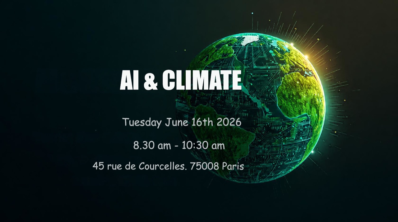 AI & Climate — Tuesday June 16th 2026, 8.30 am to 10:30 am, 45 rue de Courcelles, 75008 Paris, over a circuit-board globe.