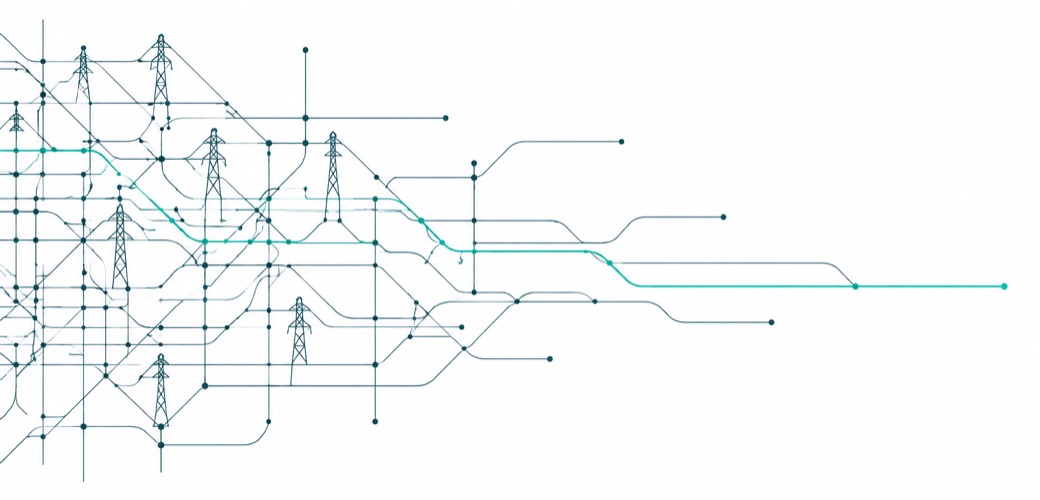 A transmission grid of fine teal lines, dense at left, opening into white space